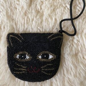 Vintage Beaded Black Cat Coin Purse Wristlet